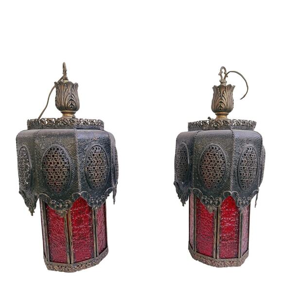 Pair Vintage 23” Red Glass Hanging Lantern Lamps – Spanish Revival Gothic - Picture 1 of 6